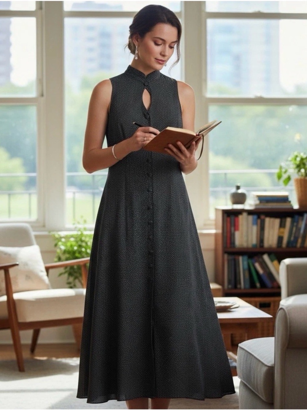 WARREN NEW YORK Speckled Dot Sleeveless Long Dress Black Petites Size 6P